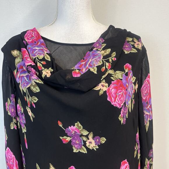 Temptations II Blouse Tunic Plus size 3XL Black Pink Purple Floral Fringe Church - Picture 3 of 8